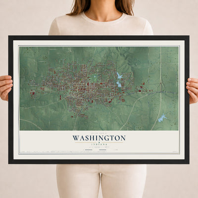 Map of Washington, Indiana, 18 x 24 inch print in a black wood frame
