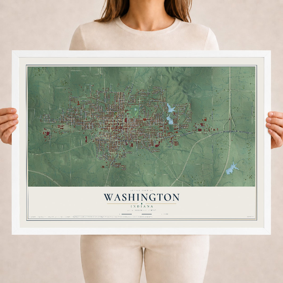 Map of Washington, Indiana, 18 x 24 inch print in a white wood frame