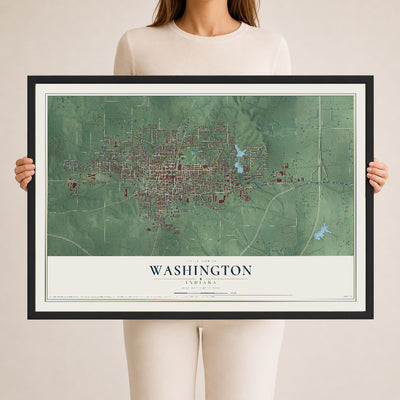 Map of Washington, Indiana, 24 x 36 inch print in a black wood frame