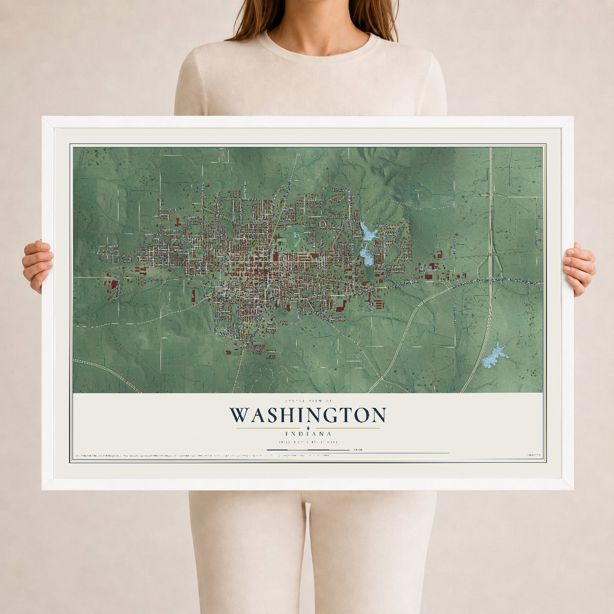Map of Washington, Indiana, 24 x 36 inch print in a white wood frame