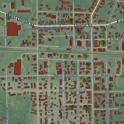 Close-up of the map of Waterloo, Indiana print showing street and building detail