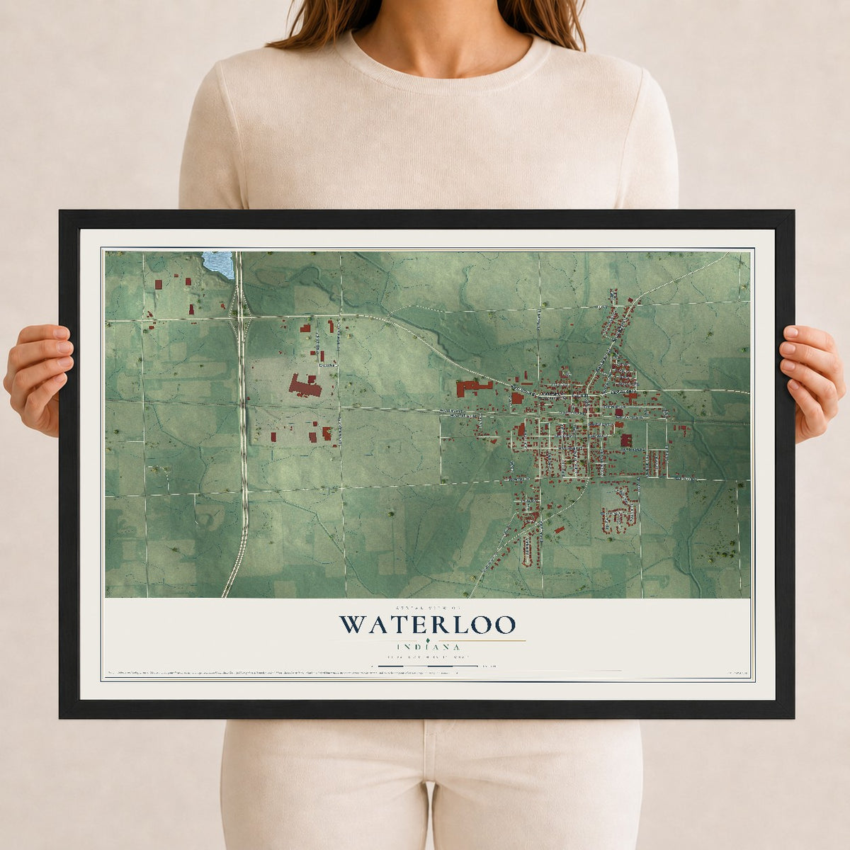 Map of Waterloo, Indiana, 12 x 18 inch print in a black wood frame