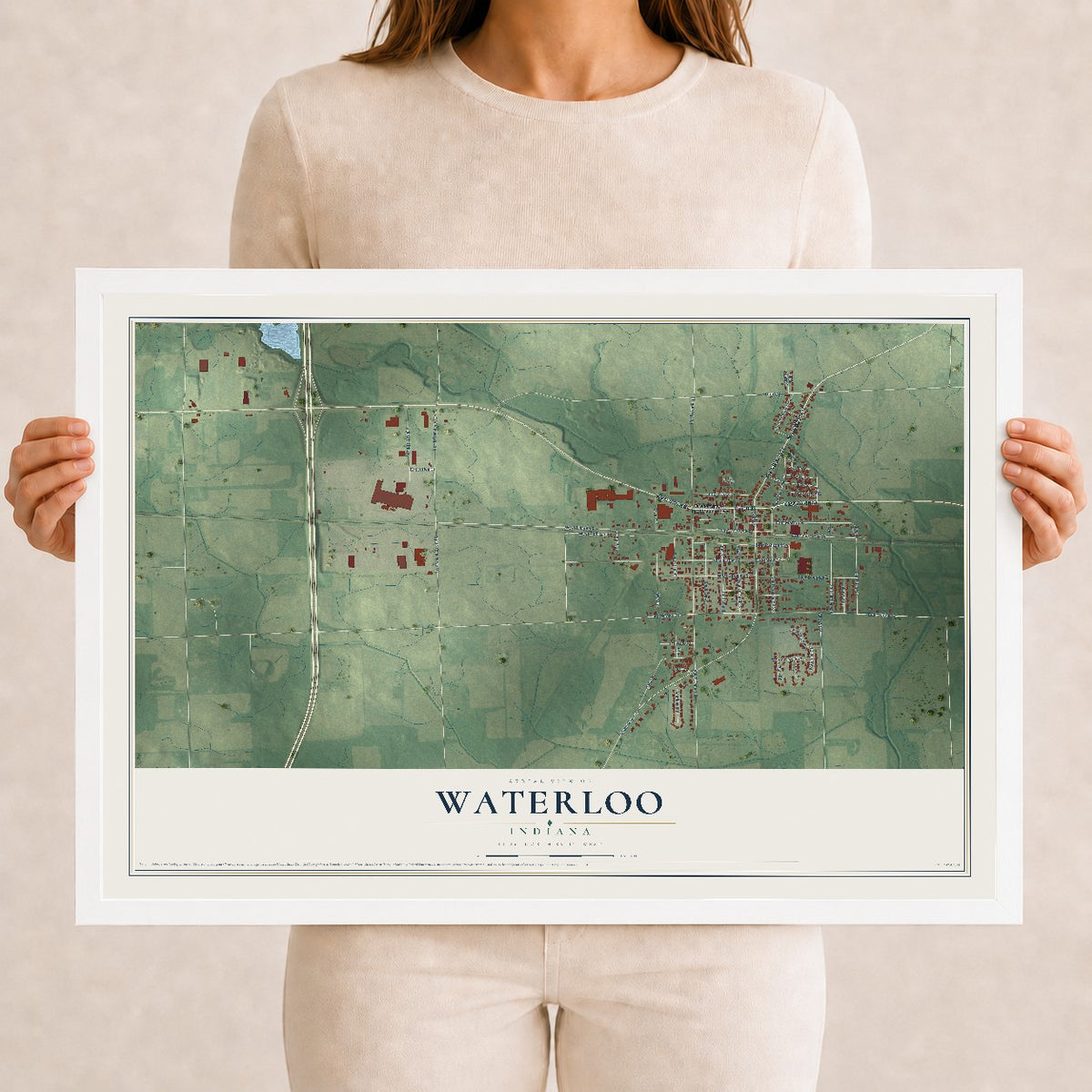 Map of Waterloo, Indiana, 12 x 18 inch print in a white wood frame