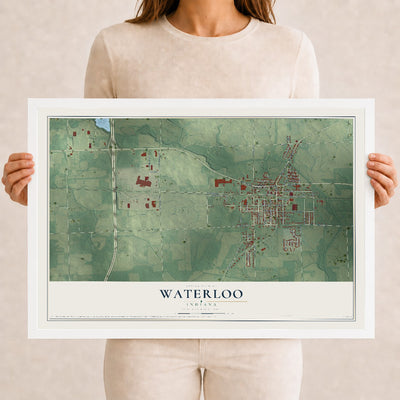 Map of Waterloo, Indiana, 12 x 18 inch print in a white wood frame