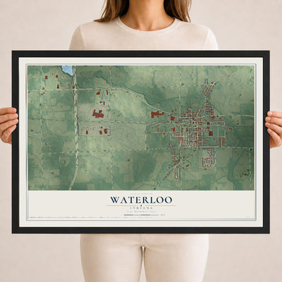 Map of Waterloo, Indiana, 18 x 24 inch print in a black wood frame