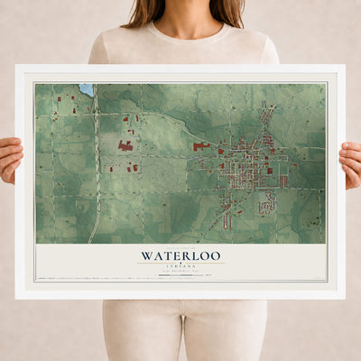 Map of Waterloo, Indiana, 18 x 24 inch print in a white wood frame