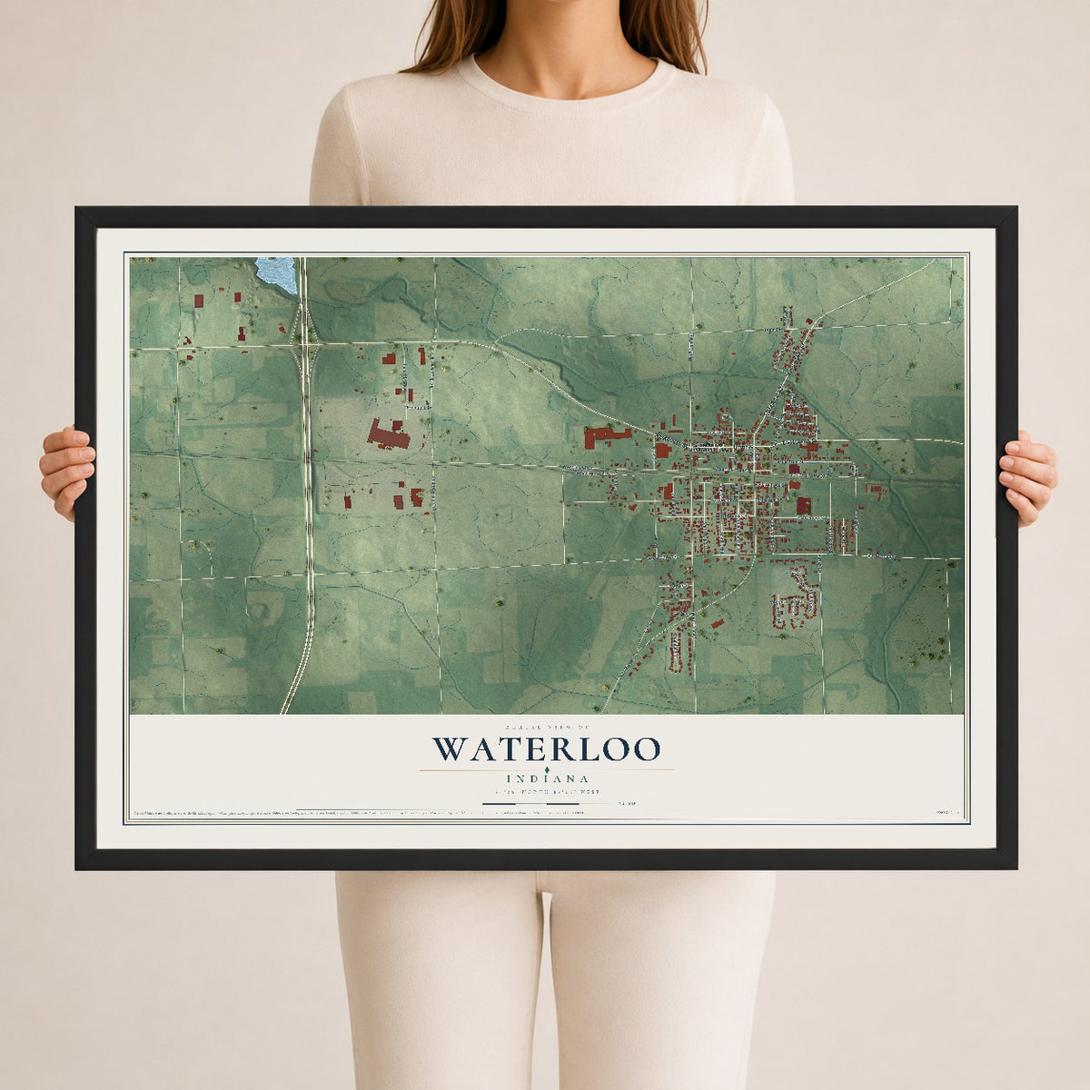 Map of Waterloo, Indiana, 24 x 36 inch print in a black wood frame