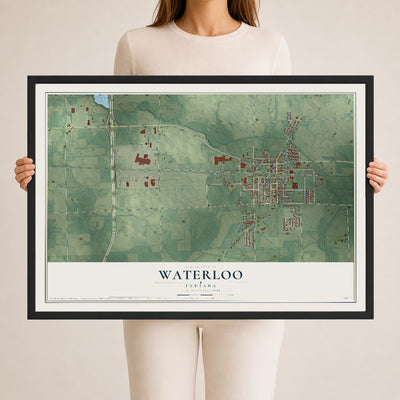 Map of Waterloo, Indiana, 24 x 36 inch print in a black wood frame