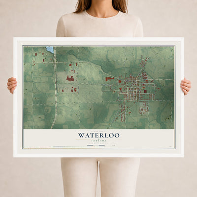 Map of Waterloo, Indiana, 24 x 36 inch print in a white wood frame