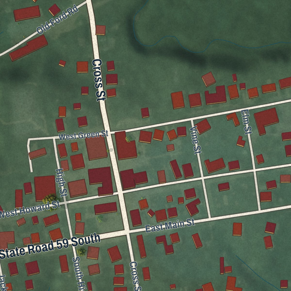 Close-up of the map of Waveland, Indiana print showing street and building detail