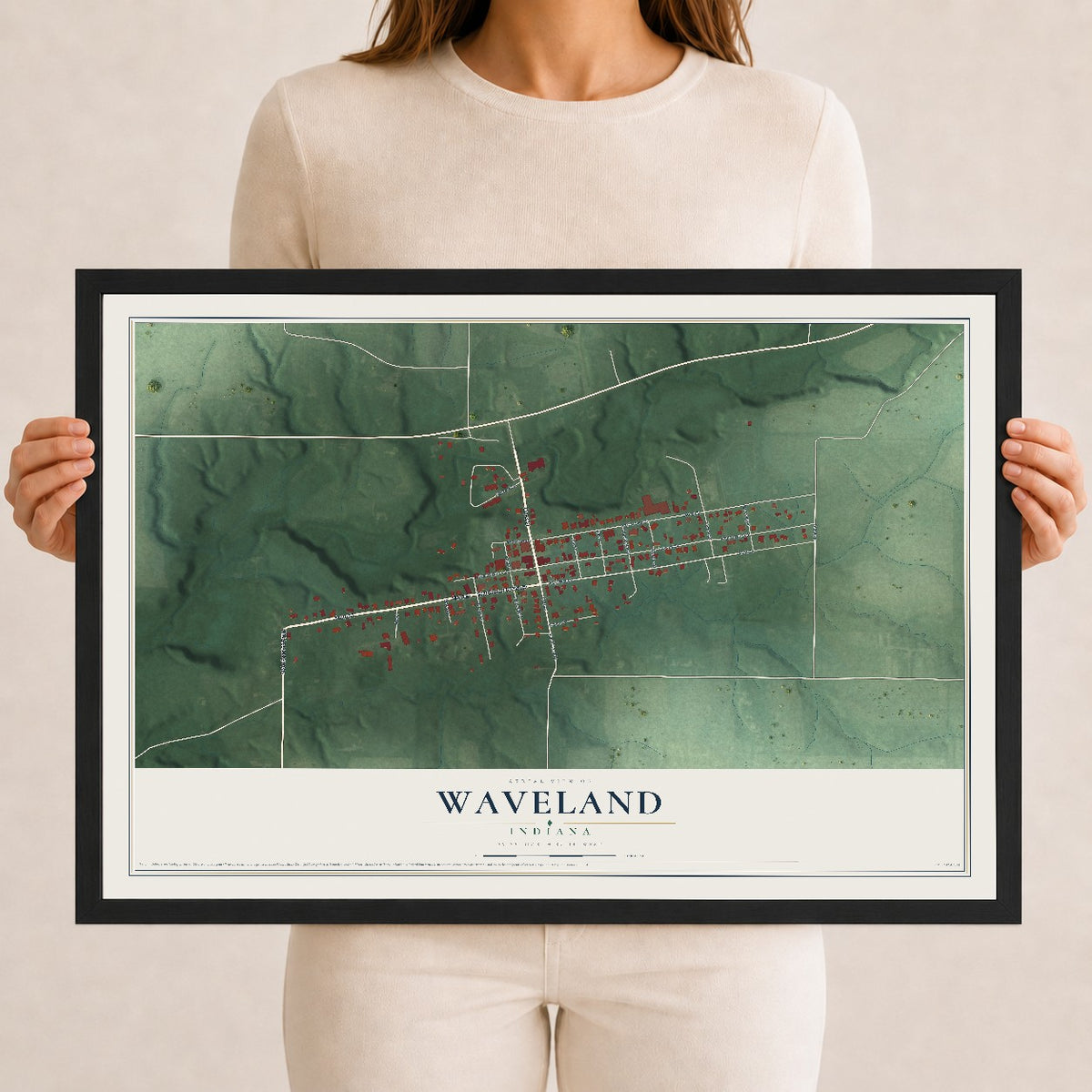 Map of Waveland, Indiana, 12 x 18 inch print in a black wood frame