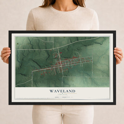 Map of Waveland, Indiana, 12 x 18 inch print in a black wood frame