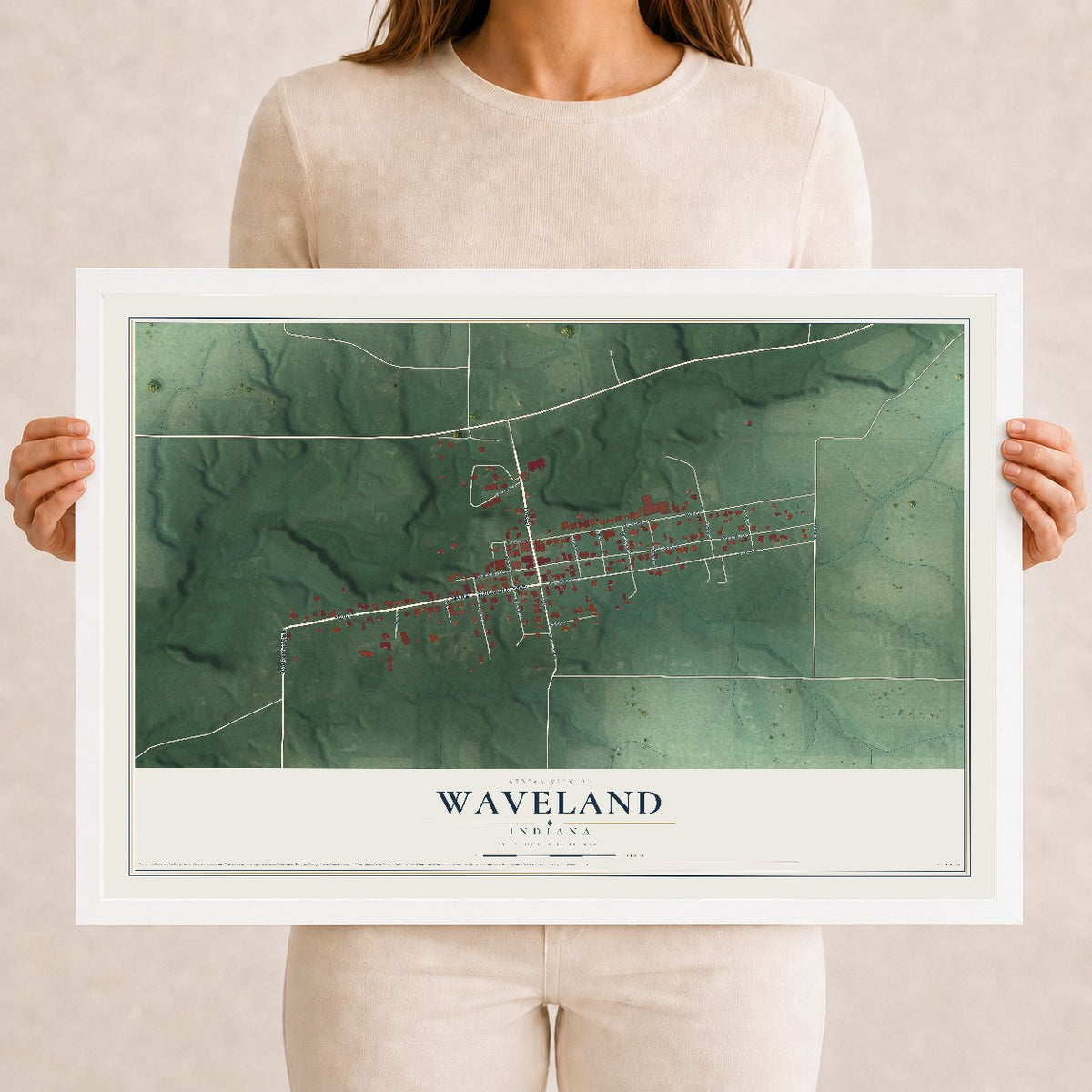 Map of Waveland, Indiana, 12 x 18 inch print in a white wood frame