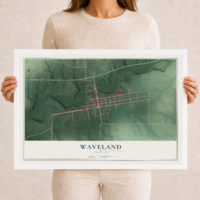 Map of Waveland, Indiana, 12 x 18 inch print in a white wood frame