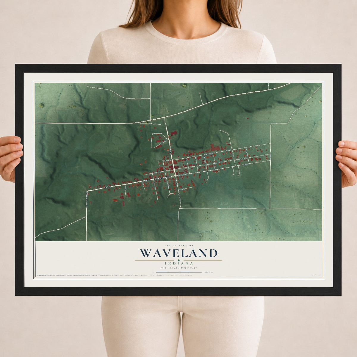 Map of Waveland, Indiana, 18 x 24 inch print in a black wood frame