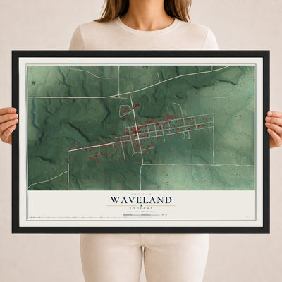 Map of Waveland, Indiana, 18 x 24 inch print in a black wood frame