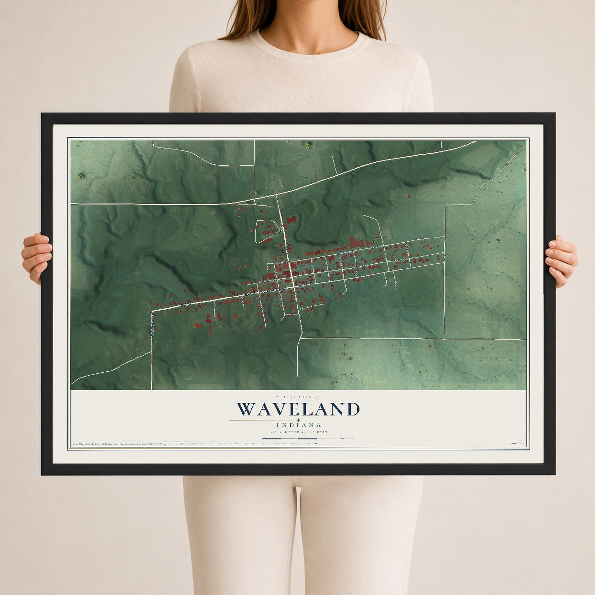 Map of Waveland, Indiana, 24 x 36 inch print in a black wood frame