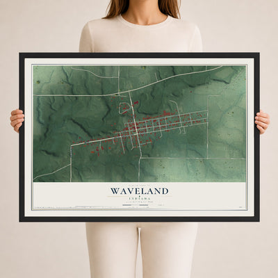 Map of Waveland, Indiana, 24 x 36 inch print in a black wood frame