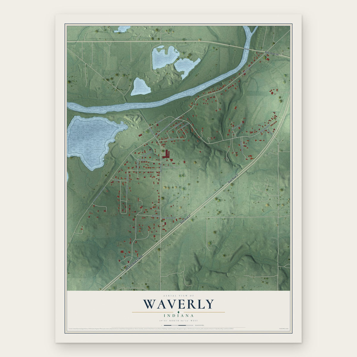 Waverly, Indiana map print, the full design