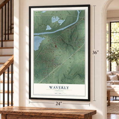 Waverly, Indiana map, 24 x 36 inch print in a black frame by a staircase