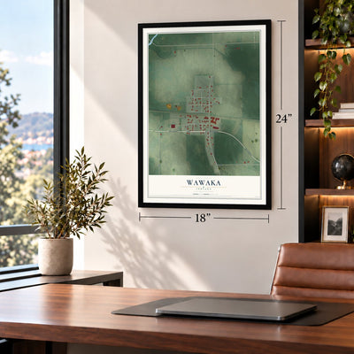 Wawaka, Indiana map, 18 x 24 inch print in a black frame in a home office