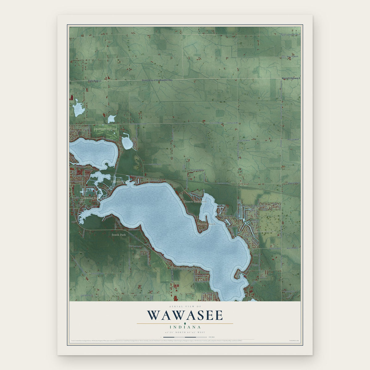 Wawasee, Indiana map print, the full design