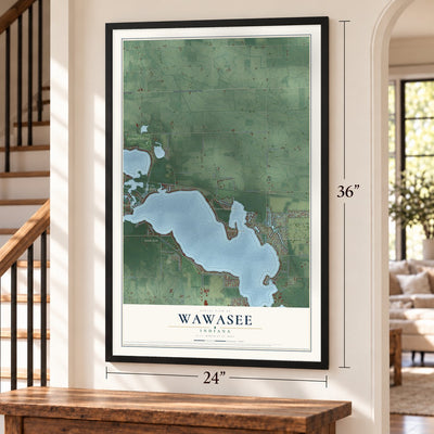 Wawasee, Indiana map, 24 x 36 inch print in a black frame by a staircase