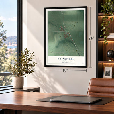 Waynesville, Indiana map, 18 x 24 inch print in a black frame in a home office
