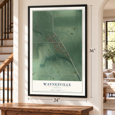 Waynesville, Indiana map, 24 x 36 inch print in a black frame by a staircase