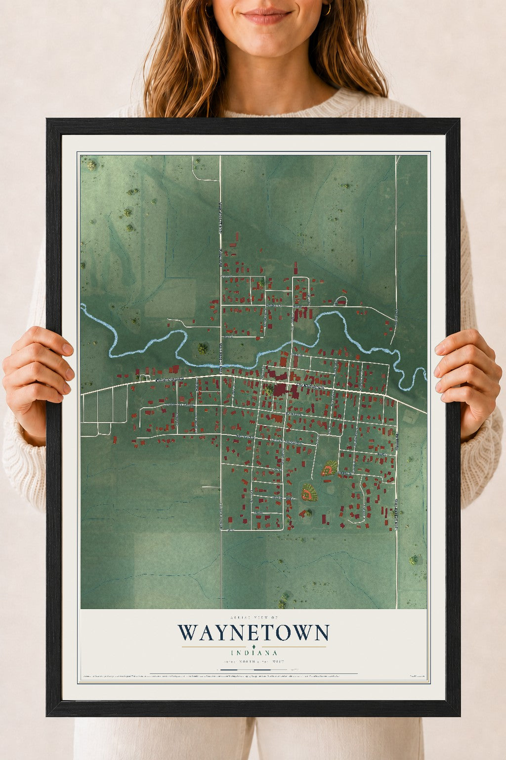 Map of Waynetown, Indiana, 18 x 24 inch print in a black wood frame