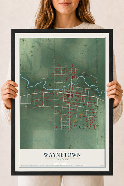 Map of Waynetown, Indiana, 18 x 24 inch print in a black wood frame