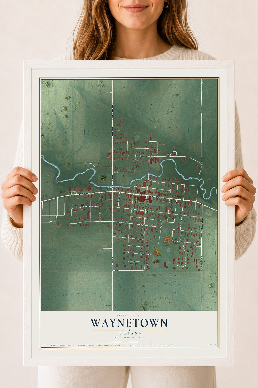 Map of Waynetown, Indiana, 18 x 24 inch print in a white wood frame