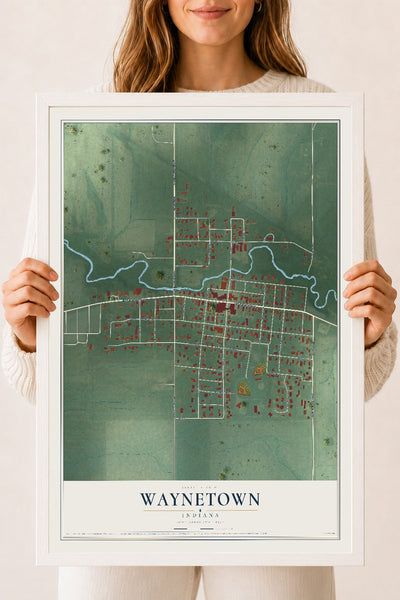 Map of Waynetown, Indiana, 18 x 24 inch print in a white wood frame
