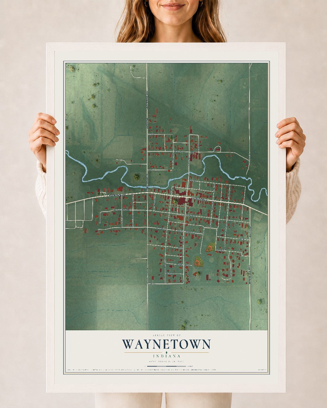 Map of Waynetown, Indiana, 24 x 36 inch print in a white wood frame