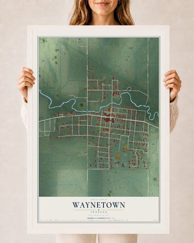 Map of Waynetown, Indiana, 24 x 36 inch print in a white wood frame