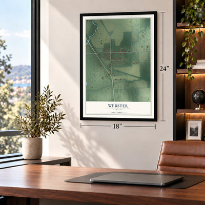 Webster, Indiana map, 18 x 24 inch print in a black frame in a home office