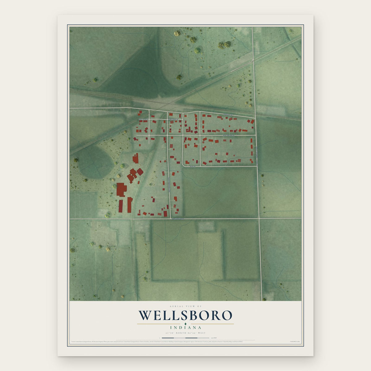 Wellsboro, Indiana map print, the full design