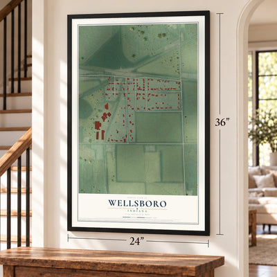 Wellsboro, Indiana map, 24 x 36 inch print in a black frame by a staircase