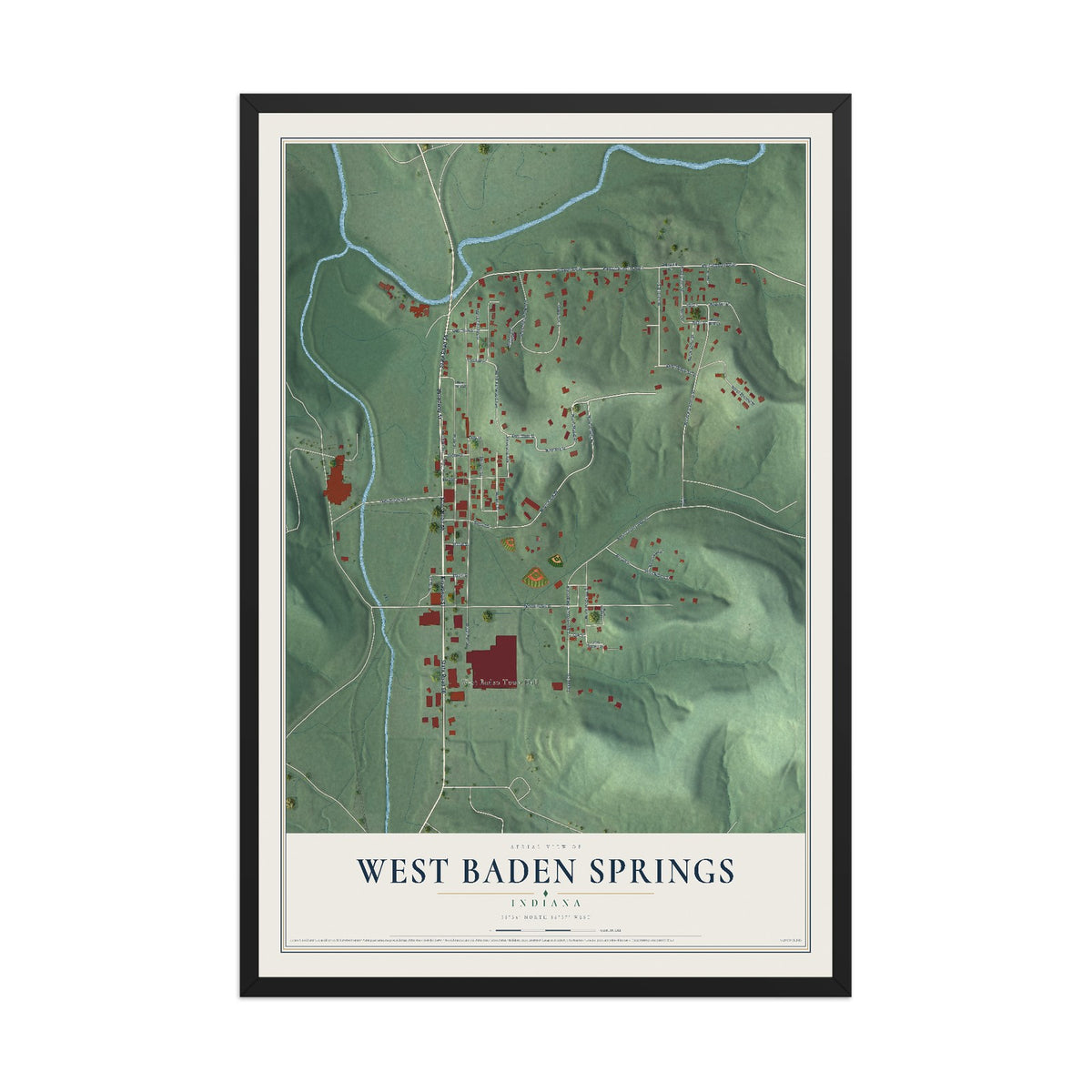Map of West Baden Springs, Indiana, 12 x 18 inch print in a black wood frame