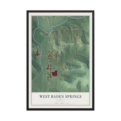Map of West Baden Springs, Indiana, 12 x 18 inch print in a black wood frame