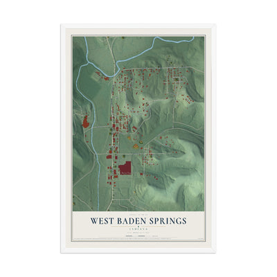 Map of West Baden Springs, Indiana, 12 x 18 inch print in a white wood frame