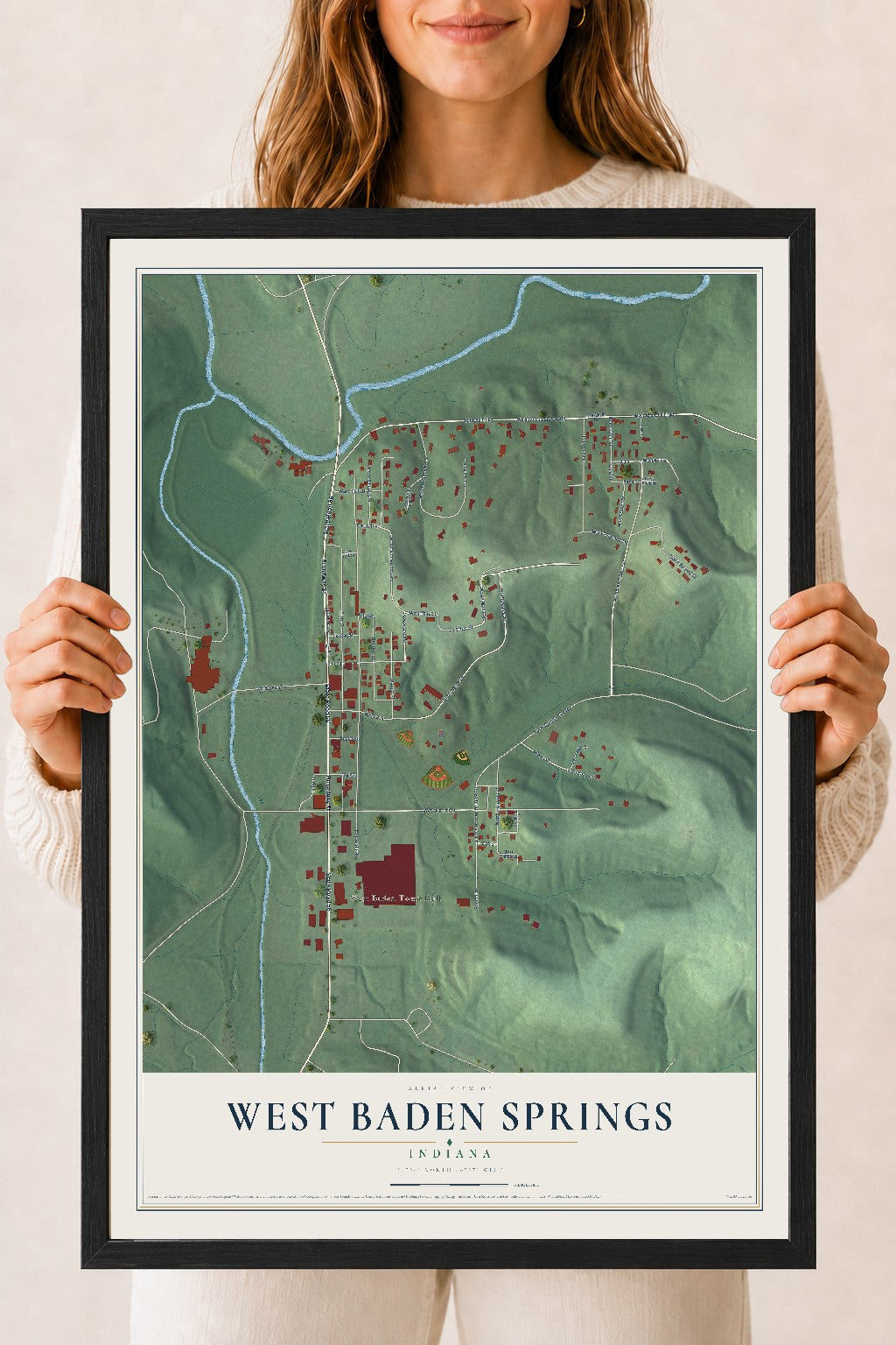 Map of West Baden Springs, Indiana, 18 x 24 inch print in a black wood frame
