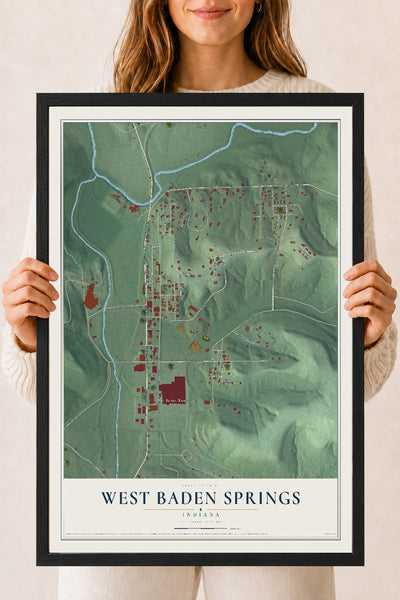 Map of West Baden Springs, Indiana, 18 x 24 inch print in a black wood frame