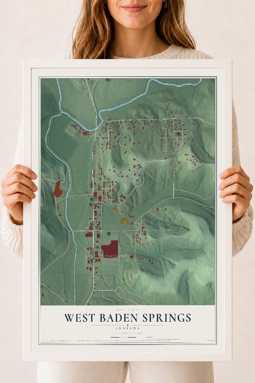 Map of West Baden Springs, Indiana, 18 x 24 inch print in a white wood frame