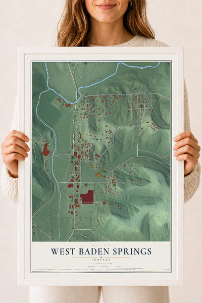 Map of West Baden Springs, Indiana, 18 x 24 inch print in a white wood frame