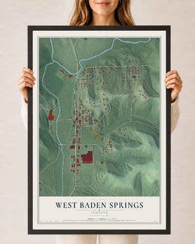 Map of West Baden Springs, Indiana, 24 x 36 inch print in a black wood frame
