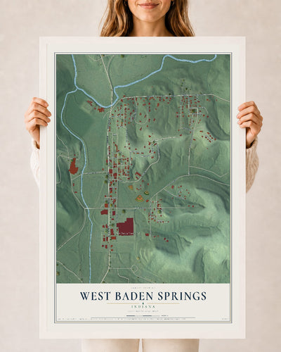 Map of West Baden Springs, Indiana, 24 x 36 inch print in a white wood frame