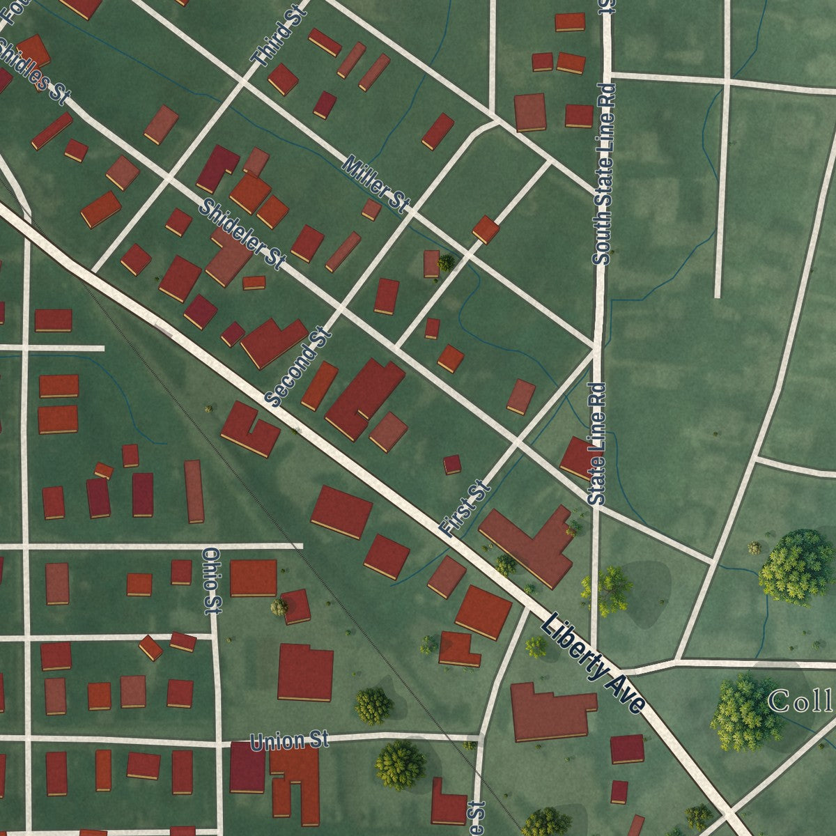 Close-up of the map of West College Corner, Indiana print showing street and building detail