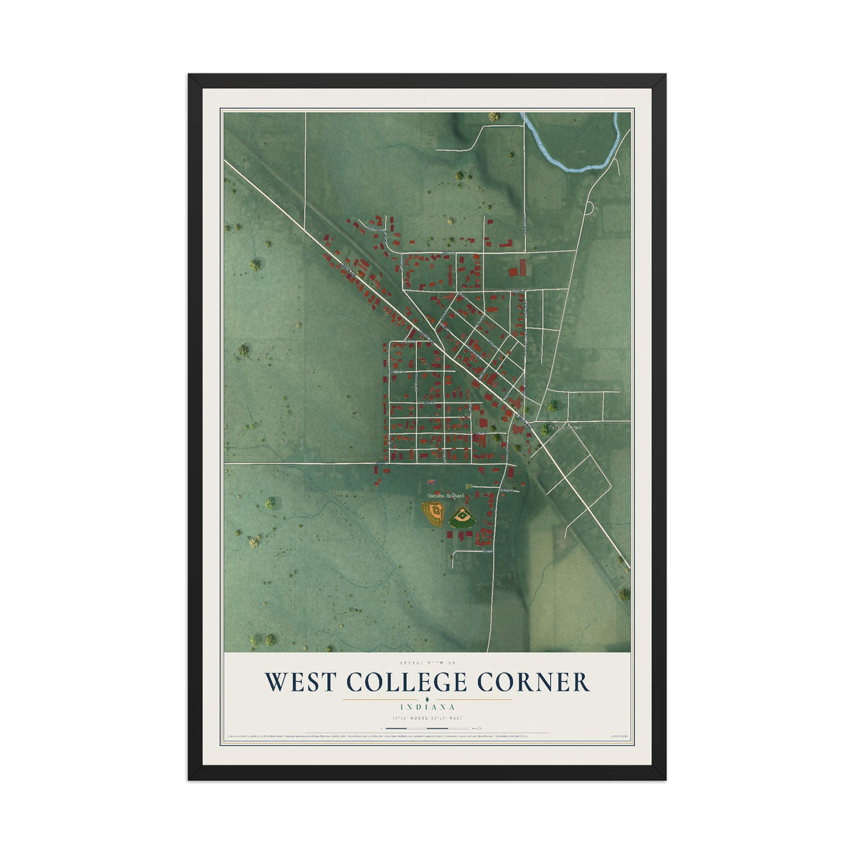 Map of West College Corner, Indiana, 12 x 18 inch print in a black wood frame