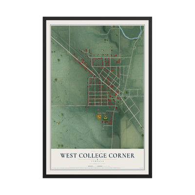 Map of West College Corner, Indiana, 12 x 18 inch print in a black wood frame